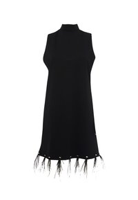 Abito senza maniche nero con collo alto, silhouette dritta e orlo frangiato con accenti metallici. Tessuto morbido, design minimalista.
