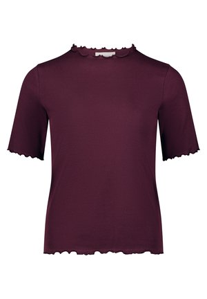 Haut bordeaux à manches courtes avec une texture côtelée, featuring un col festonné et des ourlets de manches. Coupe standard.