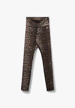 Leoparda raksta legingi brūnos un melnās toņos, ar gludu audumu, augstu jostasvietu un mazu logotipa detaļu sānos.