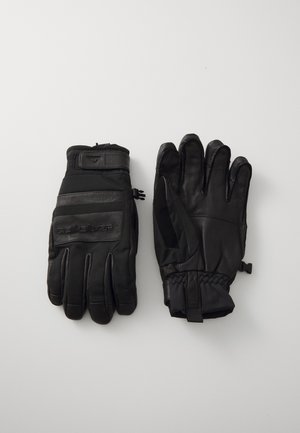 Gants d'hiver noirs en mélange de cuir et de tissu, avec un poignet côtelé, un détail de logo et une fermeture éclair.