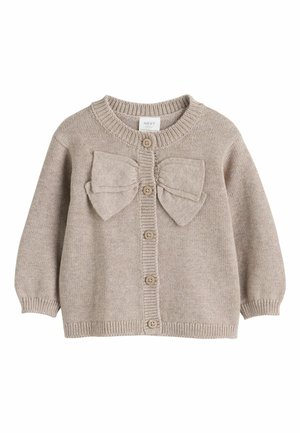 Beige knitted baby cardigan with long sleeves, front buttons, ribbed edges, and a large decorative bow on the chest.