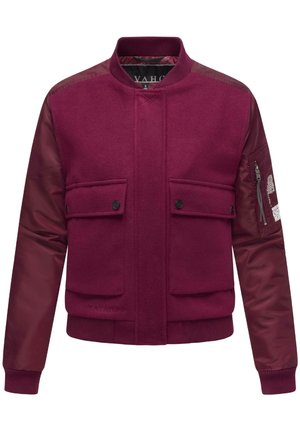 Burgundy bomber jacket with wool front, smooth nylon sleeves, two front pockets, and a zippered pocket on the left arm. Ribbed cuffs and collar.