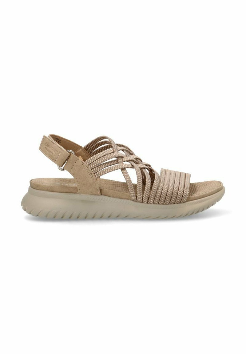 Sandal beige con cinturini elasticizzati incrociati, sottopiede imbottito e suola testurizzata. Cinturino alla caviglia regolabile per una vestibilità sicura.