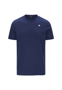 T-shirt in cotone blu navy con collo rotondo. Presenta maniche corte e un piccolo logo bianco sulla parte sinistra del petto. Design semplice.