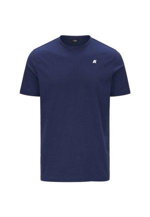 T-shirt in cotone blu navy con collo rotondo. Presenta maniche corte e un piccolo logo bianco sulla parte sinistra del petto. Design semplice.