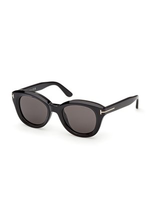 Schwarze Cat-Eye-Sonnenbrille mit dunklen Gläsern und schlanken Bügeln mit goldfarbenen T-förmigen Akzenten an den Scharnieren.