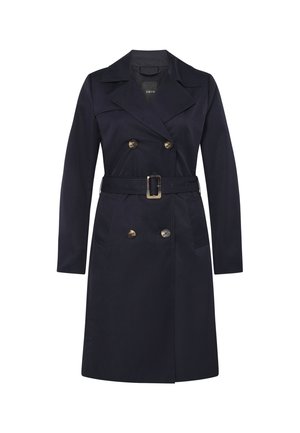 Trench-coat bleu marine avec boutons croisés, larges revers, manches longues et une ceinture assortie avec une boucle rectangulaire.