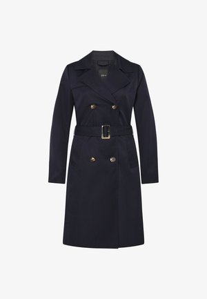 Trench-coat bleu marine avec boutons croisés, larges revers, manches longues et une ceinture assortie avec une boucle rectangulaire.