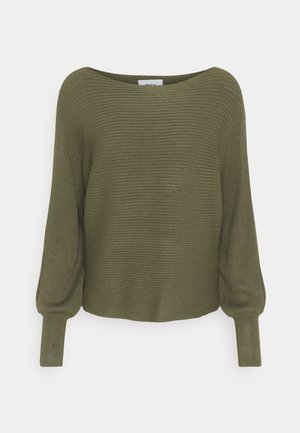 Pull en maille côtelée vert olive avec large encolure bateau et longues manches ballon finissant par des poignets ajustés.