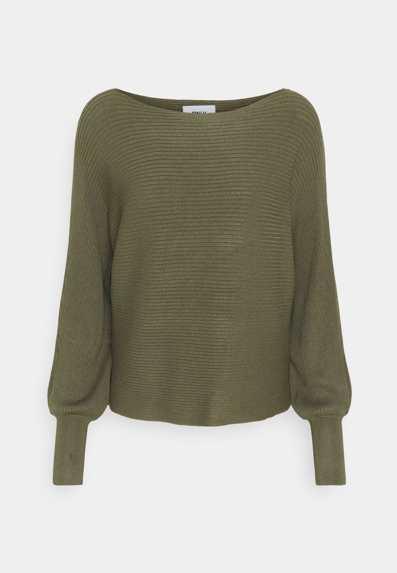Pull en maille côtelée vert olive avec large encolure bateau et longues manches ballon finissant par des poignets ajustés.
