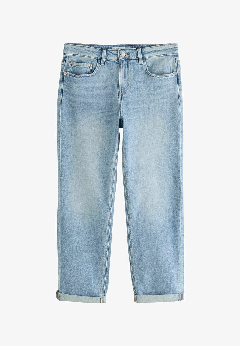 Jeans aderenti azzurri chiaro con orli risvoltati, tasche anteriori, passanti per cintura e chiusura con bottone.