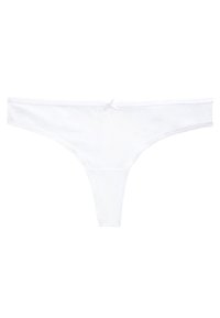Witte stringonderbroek van zachte stof met een gladde textuur, met een dunne tailleband en een klein strikje aan de voorkant.
