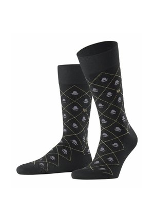 Schwarze Socken mit einem Rautenmuster, das durch helle graue Hüte, umrandet mit Gold, ergänzt wird. Hergestellt aus einem dehnbaren Stoff, der für Komfort und eine gute Passform sorgt.
