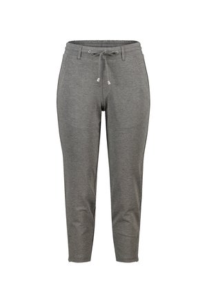 Grijze joggerbroek gemaakt van zachte stof, met een elastische tailleband met een trekkoord, omgeslagen enkels en zijzakken.