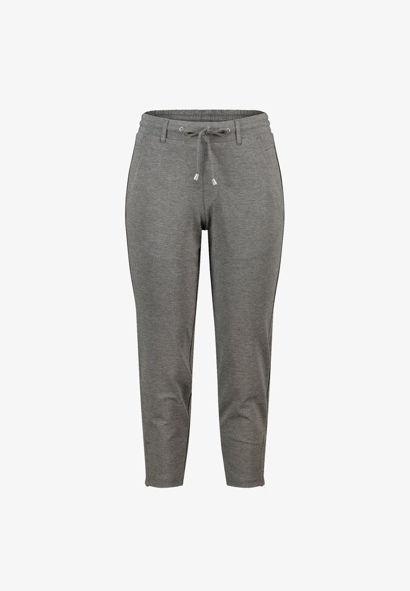 Grijze joggerbroek gemaakt van zachte stof, met een elastische tailleband met een trekkoord, omgeslagen enkels en zijzakken.