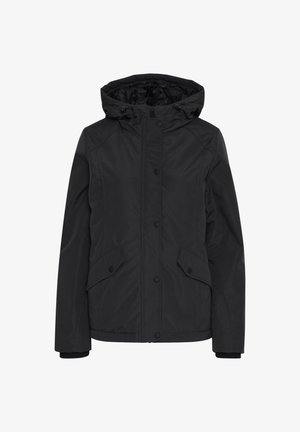 Must võrkkrepp kootud must jakk, millel on kapuuts, esi tõmblukk, klambri sulgemine ja küljetaskud. Sile tekstuur ja vormitud lõige.