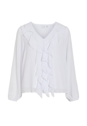 Witte blouse met lange mouwen, V-hals en vallende ruches langs de voorkant en rond de kraag, elastische manchetten, lichtgewicht stof.