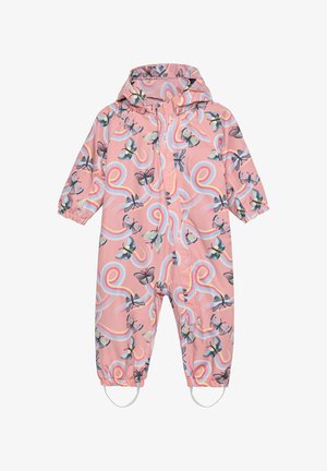 Combinaison imperméable rose avec motif papillon et lignes colorées tourbillonnantes. Dispose d'une capuche, de poignets élastiques et de sangles pour les pieds pour plus de sécurité.