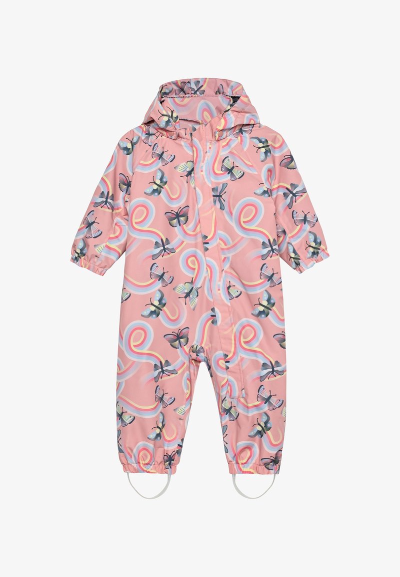 Różowy wodoodporny kombinezon z motywem motyli i wirującymi kolorowymi liniami. Wyposażony w kaptur, elastyczne mankiety i paski na stopy dla większego bezpieczeństwa.