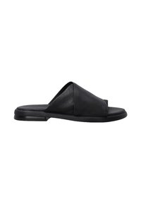Sandale à glisser en cuir noir avec un bout ouvert, texture lisse, design minimaliste, semelle plate et détails de couture discrets le long des bords.