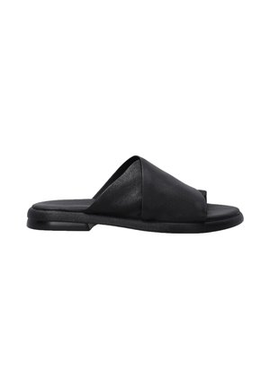 Black leather slide sandal with open toe, smooth texture, minimalistic design, flat sole, and subtle stitching detail along the edges.