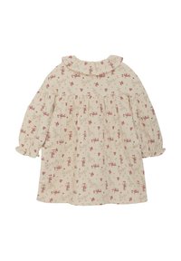 Blomstret kjole i cremefarvet stof med pink og grønne blomster. Har en flæsekantet krave, lange ærmer og samlet detaljering med lommer.