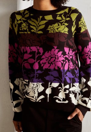 Trui met meerkleurige horizontale bloemmotieven in groen, bruin, roze, paars en wit op een zwarte achtergrond.
