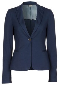 Námořnický blejzr z hladké látky, se zářezovým klopovým límcem, zapínáním na jeden knoflík a pruhovanou vnitřní podšívkou. Dvě přední kapsy.