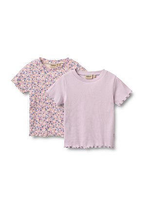Due camicie a maniche corte per bambini, una in lilla chiaro tinta unita e una con un piccolo motivo floreale viola e pesca, entrambe con bordi arricciati.