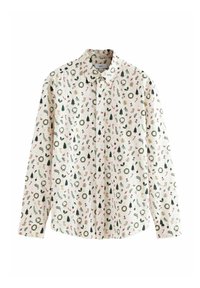 Camicia a maniche lunghe di colore chiaro con una stampa festiva di ghirlande, alberi e regali. Tessuto di cotone con colletto classico e chiusura a bottoni.