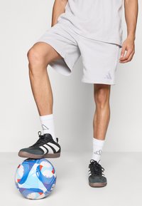 Γκρι αθλητικό σορτς, μαύρα και λευκά αθλητικά παπούτσια, λευκές κάλτσες με γεωμετρικό σχέδιο. Πολύχρωμη μπάλα ποδοσφαίρου με μπλε στροβιλισμούς και κόκκινες λεπτομέρειες.