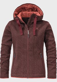 Bordeauxfarbene Jacke mit einer gesteppte Kapuze und kontrastierender Innenauskleidung, ausgestattet mit einem strukturierten Stoff, Reißverschlusstaschen und verstellbaren Kordeln.