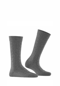 Graue gestrickte Socken mit einem strukturierten Muster, mittellange Höhe, und gerippte Bündchen. Glatte Oberfläche und weicher Stoff für Komfort.