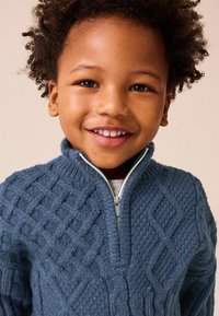 Maglione blu lavorato a maglia con colletto alto, caratterizzato da un motivo a diamante testurizzato e chiusura frontale con zip. Materiale morbido e design caldo.