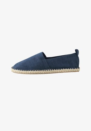 Marineblaue Espadrille zum Hineinschlüpfen mit geflochtener Jutsohle und strukturiertem Stoffoberteil, ausgestattet mit einer Zuglasche an der Ferse.
