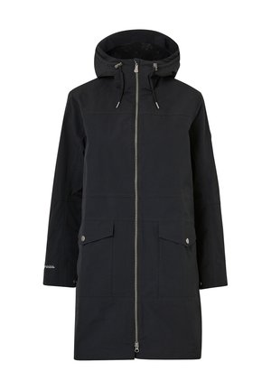 Parka nera impermeabile con zip frontale, cappuccio regolabile, due tasche anteriori e una silhouette strutturata in tessuto testurizzato e durevole.