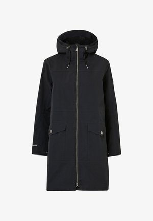 Zwarte waterdichte parka met een ritssluiting aan de voorkant, een verstelbare capuchon, twee voorzakken en een gestructureerde silhouette met een textuur, gemaakt van duurzame stof.