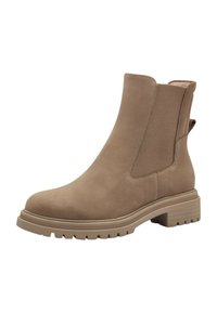 Tan ankle boot with a smooth suede texture, elastic side panels, and a textured rubber sole. Features a rounded toe and minimalistic design.