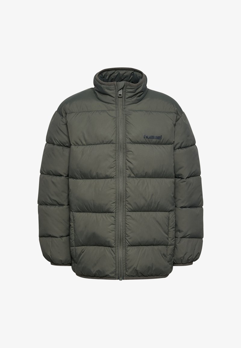 Dunkelgrüne gesteppte Steppjacke mit durchgehendem Frontreißverschluss, Stehkragen, elastischen Bündchen und kleinem Logo auf der linken Brust.