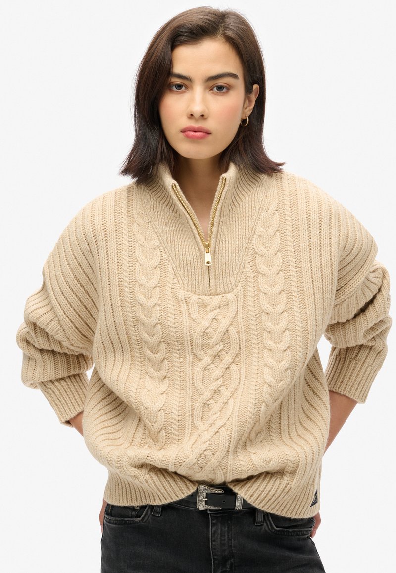Superdry & Co CABLE ZIP NECK  - Jersey de punto - aran ecru marl