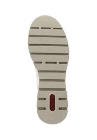 Shoe sole with a textured beige rubber material, featuring deep grooves and a red logo; designed for traction and durability.