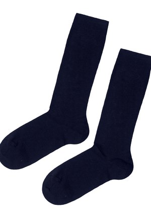 Mørkeblå ribbede sokker med en glat overflade, knælang design, forstærket tå og uden synlige mønstre eller detaljer.