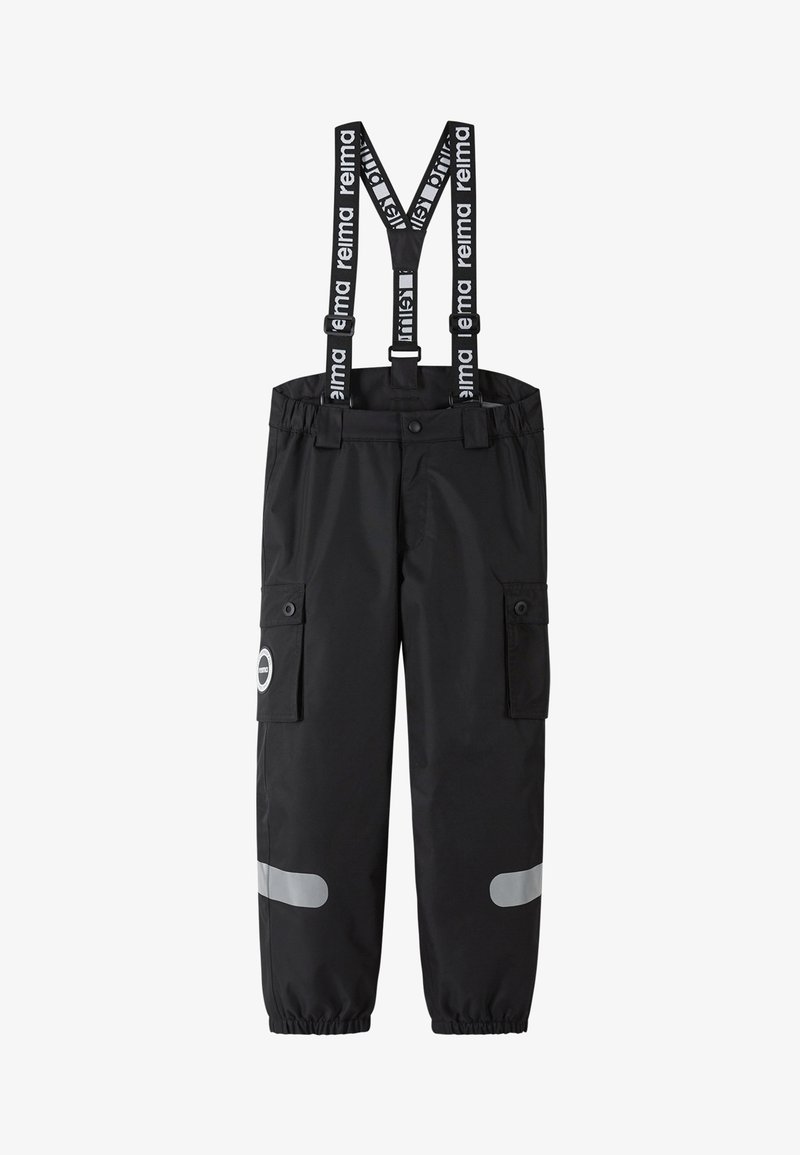 Czarne wodoodporne spodnie z regulowanymi szelkami, elastycznym pasem, kieszeniami cargo i odblaskowymi akcentami dla lepszej widoczności. Wytrzymały materiał.