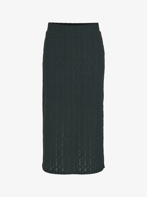 Pencil suknja do koljena u tamnozelenoj boji, izrađena od teksturiranog pletenog materijala s geometrijskim uzorkom i elastičnom waistband za udobnost.