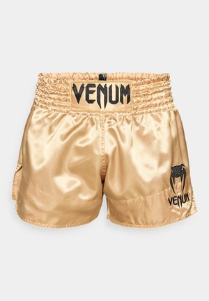 Gyldne satin bokse-shorts med sort "VENUM" logo på taljehøjden og siden, med en glat tekstur og elastisk talje for komfort.