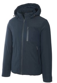 Giacca imbottita blu scuro con cappuccio, cerniera frontale, tre tasche con cerniera e coulisse regolabili sul cappuccio.