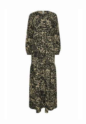 Langes beiges Kleid mit schwarzem, abstraktem Blumenmuster, langen, gepufften Ärmeln, runden Ausschnitt und mehrlagigem Rock.