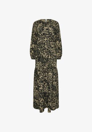 Langes beiges Kleid mit schwarzem, abstraktem Blumenmuster, langen, gepufften Ärmeln, runden Ausschnitt und mehrlagigem Rock.