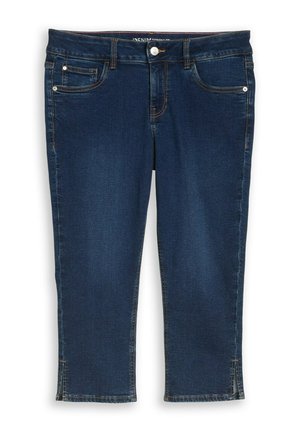 Jeans capri en denim bleu foncé avec poches avant, passants de ceinture, fermeture par boutons et petites fentes latérales à l'ourlet.
