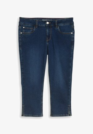 Dunkelblaue Denim-Capri-Jeans mit Fronttaschen, Gürtelschlaufen, Knopfverschluss und kleinen seitlichen Schlitzen am Saum.
